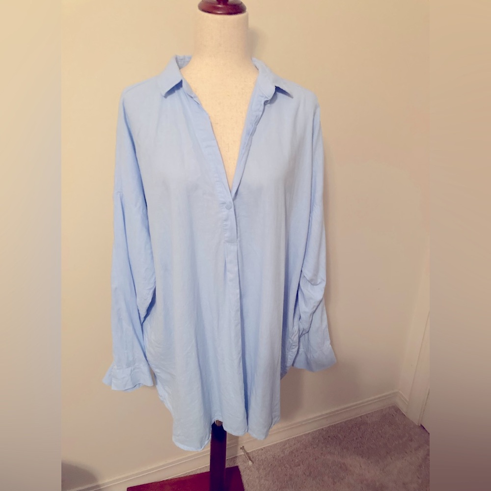 Light Blue Pullover Button V-neck Linen Viscose Blend Oversized Top.